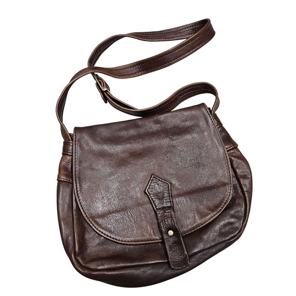 Vintage Brown Leather Crossbody Bag Adjustable Strap Magnetic Boho Western - Picture 1 of 10